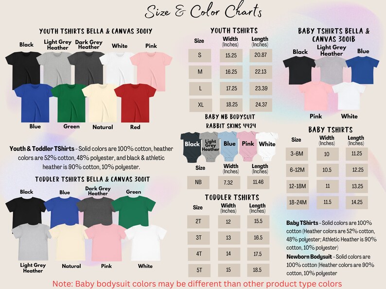 May include: Size and color charts for youth, toddler, and baby t-shirts and bodysuits. Includes color swatches in various colors like black, blue, pink, and white. Measurements are provided in inches for different sizes.