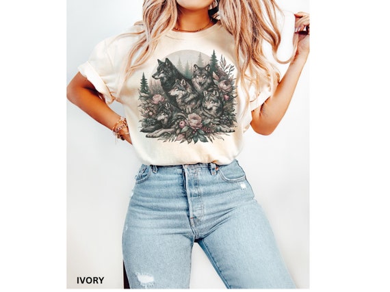 Wolf Pack Shirt, Floral Wolf, Vintage, Comfort Colours, Oversized Shirt, Wolf Lover Gift, Peonies, Flowers, Dark Academia, Mystical