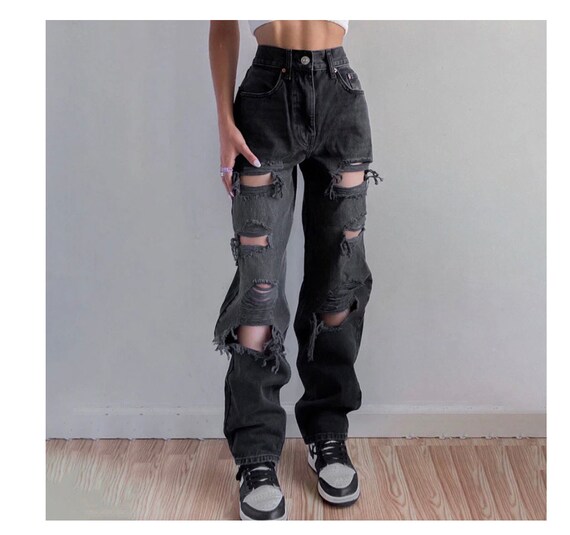 Black High-waisted Ripped Baggy Jeans - Etsy