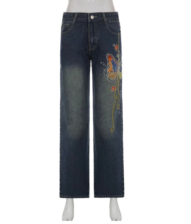 Butterfly Print Baggy Jeans Low Waist Denim Flare Etsy