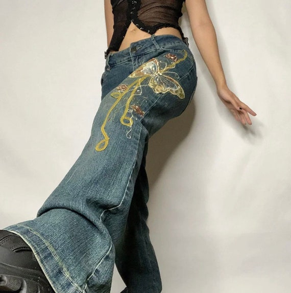 Butterfly Print Baggy Jeans Low Waist Denim Flare 