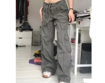 Cargo Pants Women Oversized Boyfriend Gray Low Waist Loose Baggy Jeans 