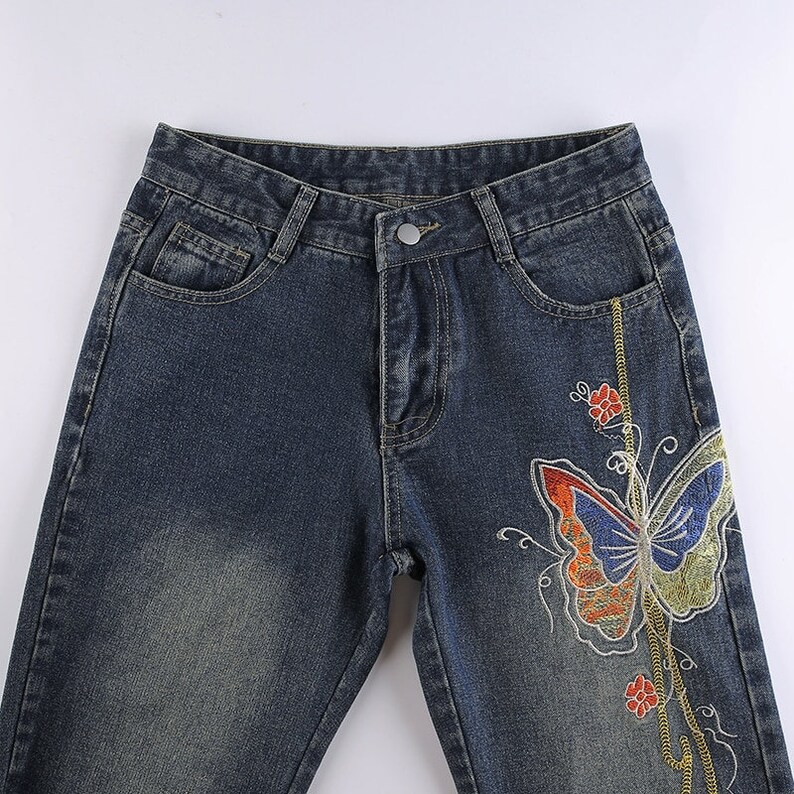 Butterfly Print Baggy Jeans Low Waist Denim Flare Etsy