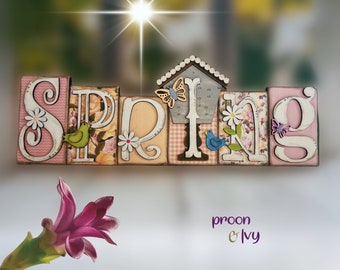 Spring Wooden Block Sign Decor, Floral Spring Shelf Decor, Spring Home Decoration, Rustic Farmhouse Spring Blocks
