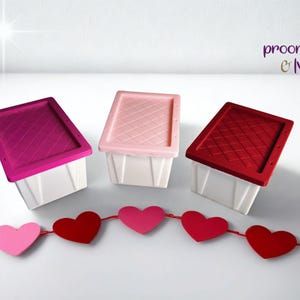May include: Three small white storage boxes with colored lids in pink, red, and magenta. The lids have a textured diamond pattern. A garland of heart-shaped cutouts in shades of pink and red is in the foreground.