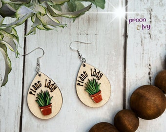 Succulent Earrings,  Engraved Earring, Plant Lady Dangle Earrings, Plant Mom Gift