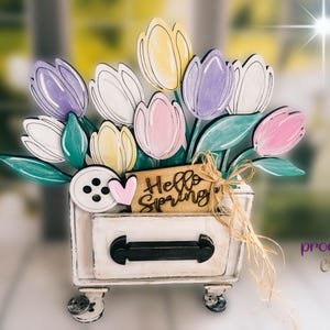 Spring Tulip Drawer Decor,  Interchangeable Seasonal Insert, Farmhouse Hello Spring Shelf Sitter, Easter Tiered Tray Decoration
