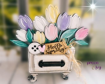 Spring Tulip Drawer Decor,  Interchangeable Seasonal Insert, Farmhouse Hello Spring Shelf Sitter, Easter Tiered Tray Decoration