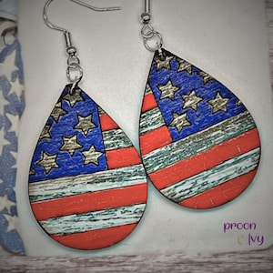 Distressed American Flag Teardrop Earrings, Stars and Stripes Earrings