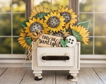 Rustic Farmhouse Sunflower Shelf Sitter, Sunflower Wooden Tabletop Decor, Distressed Drawer Box Decor, Find The Sunlight Sign
