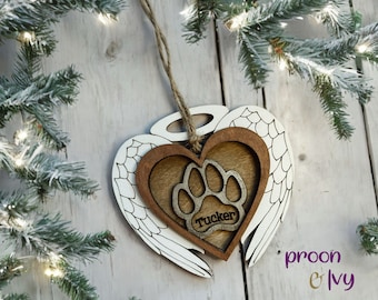Personalized Pet Memorial Wood Ornament, Paw with Wings Christmas Ornament, Paw Ornament, Pet Angel Paw Ornament, Personalized Wood Ornament