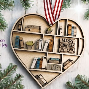 Christmas Ornament, Heart Bookcase Ornament, Book Lover Gift, Librarian Ornament, Wooden Engraved Ornament