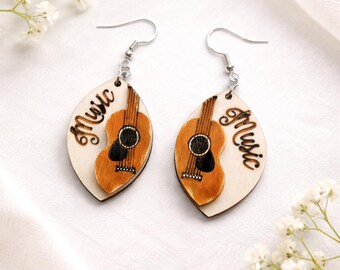 Music Guitar Earrings, Wooden Guitar Earrings, Music Lover Gift, Acoustic Guitar Jewelry, Handmade Wood Earrings, Gift For Musician