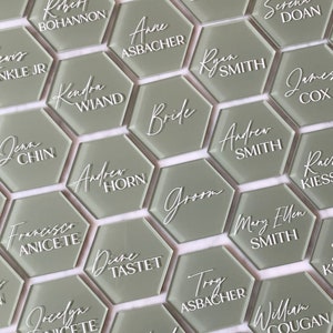 custom hexagon acrylic place cards | wedding escort cards | place card guest names | event seating cards | nameplates | event escort cards