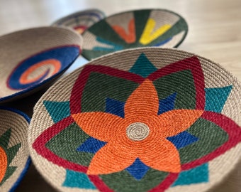 Set of 6 Hand-Painted Jute Wall Baskets: Boho Home Decor