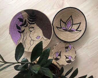 Hand-Painted Jute Wall Basket Set: Boho Home Decor