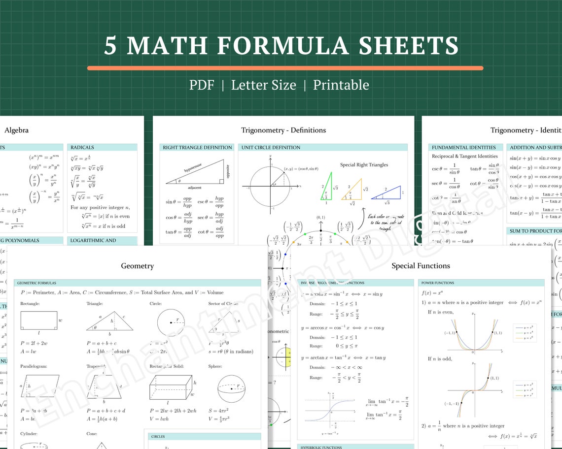 5 Math Formula Sheets, PDF Instant Download, Printable, Letter Size - Etsy