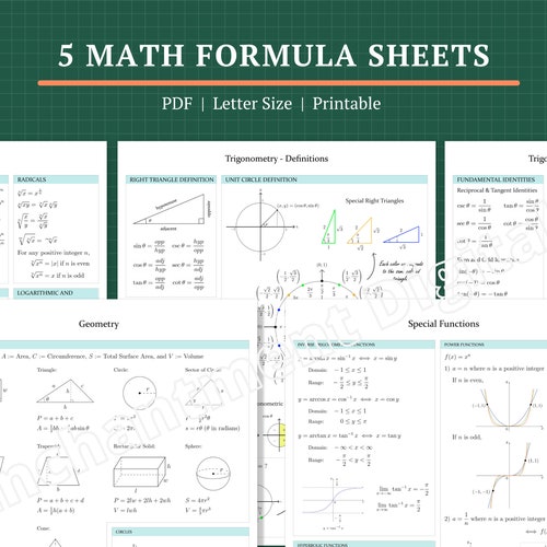 5 Math Formula Sheets PDF Instant Download Printable Letter - Etsy