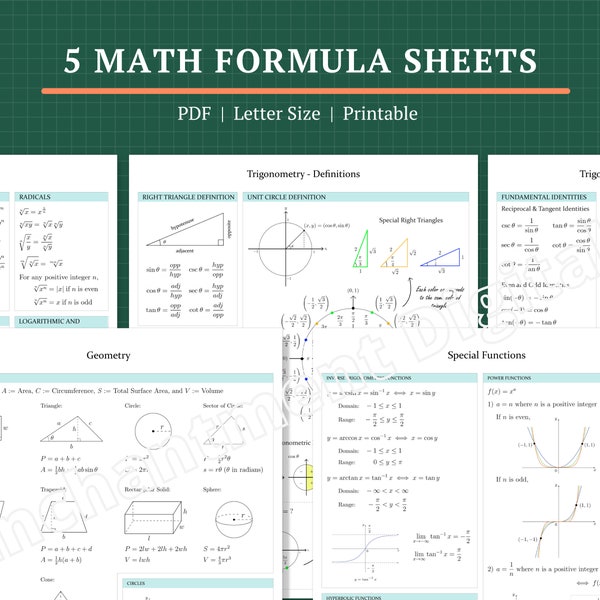 5 Math Formula Sheets, PDF Instant Download, Printable, Letter Size