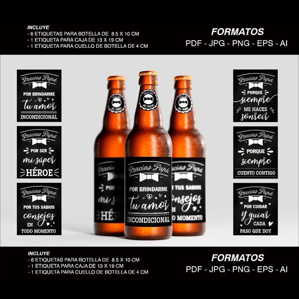 Etiquetas imprimibles para botellas de cerveza - Día del Padre - 6 pack png - six pack jpg - pdf - eps