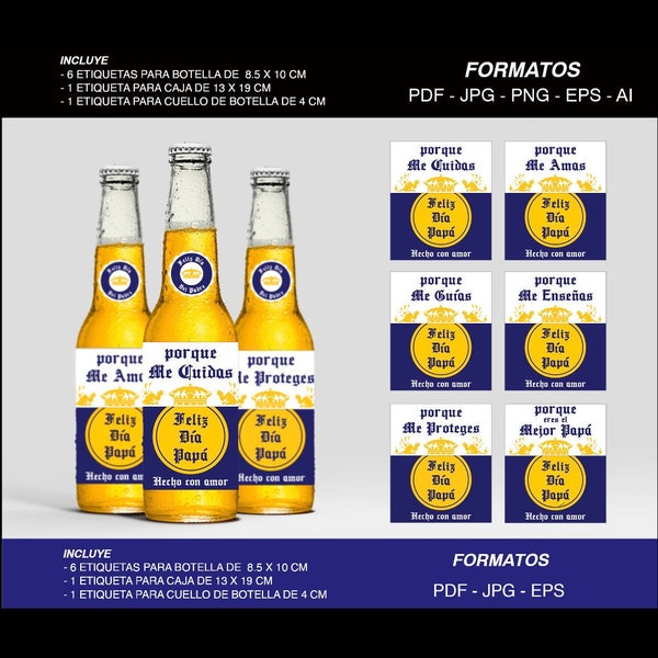 Etiquetas imprimibles para botellas de cerveza Corona - Feliz día Papá - Día del Padre -  - 6 pack png - six pack jpg - pdf - eps
