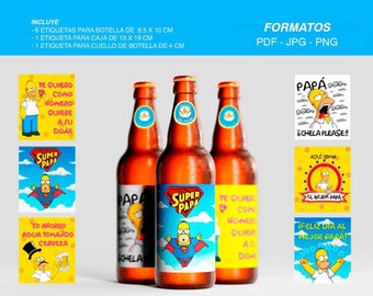Etiquetas imprimibles para botellas de cerveza Homero Simpson - Feliz Dia Papá - Día del Padre - 6 pack png - six pack jpg - pdf