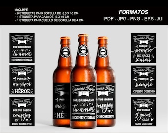 Etiquetas imprimibles para botellas de cerveza - Día del Padre - 6 pack png - six pack jpg - pdf - eps