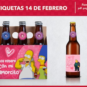 Etiquetas imprimibles para botellas de cerveza - 6 pack png - six pack jpg - pdf-14 de Febrero San Valentín Homero y Marge Simpson