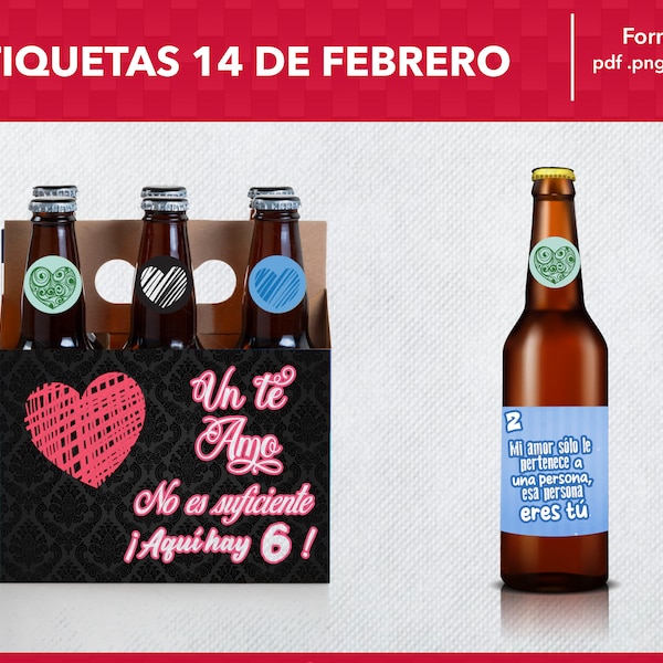 Paquete de etiquetas 14 de Febrero Etiquetas imprimibles para botellas de cerveza - 6 pack png - six pack jpg - pdf- San Valentín