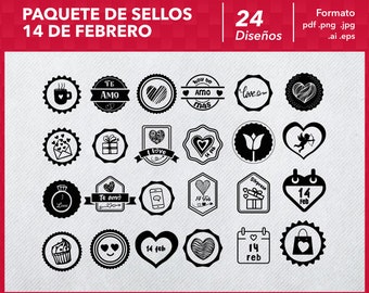 Pack of stamps vector elements stikers February 14 Valentine's Day pdf-jpg-svg-eps BUNDLE in Spanish - digital file