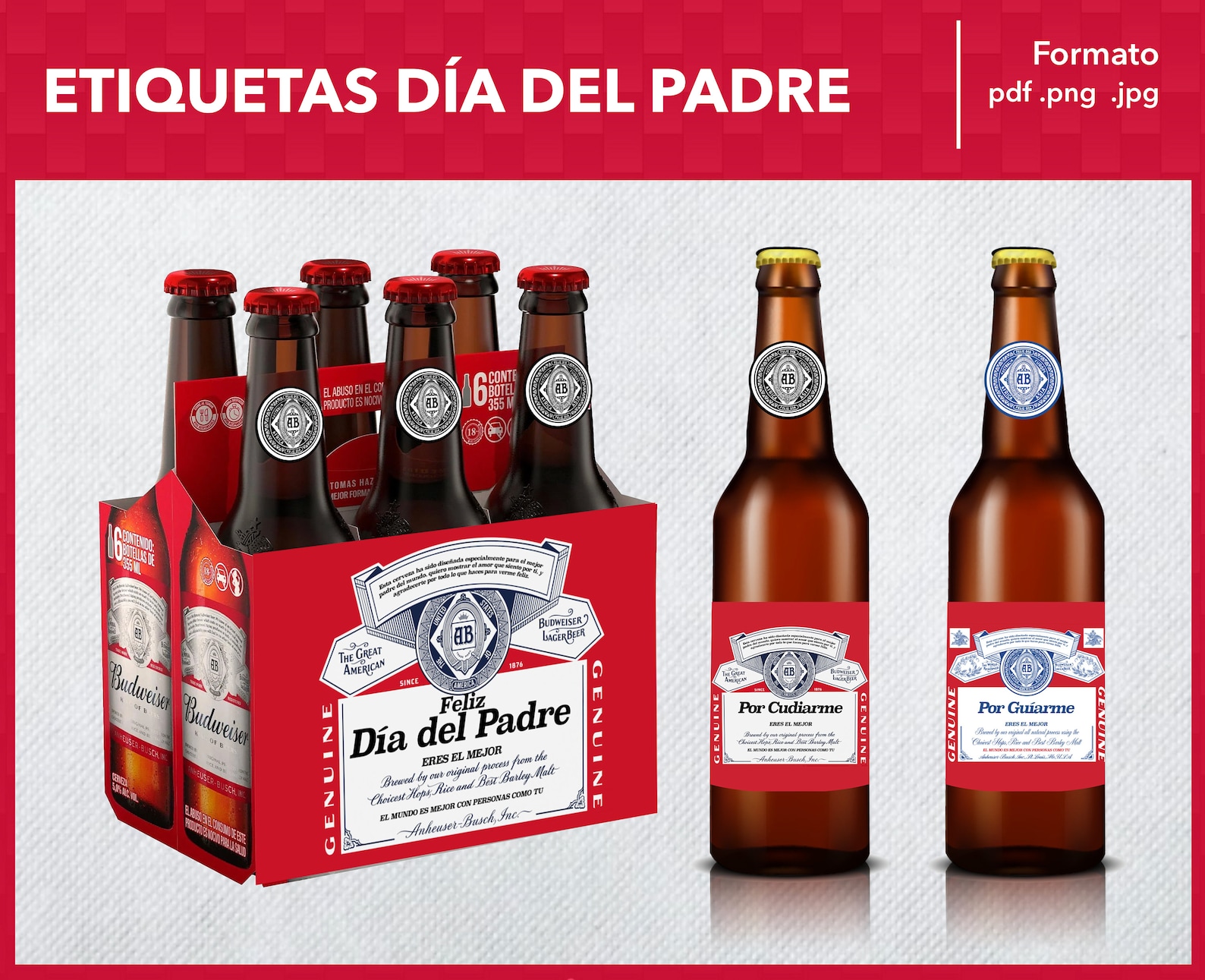 Budweiser Bottle Printable Labels - Happy Father's Day - Father's Day - 6 Pack Png - Six Pack ...