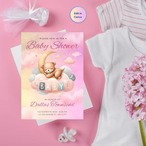 Modelo de convite para chá de bebê editável – Designs de urso ou cachorrinho | Convite para chá de bebê de menina e menino | Download digital do Canva | Acesso instantâneo