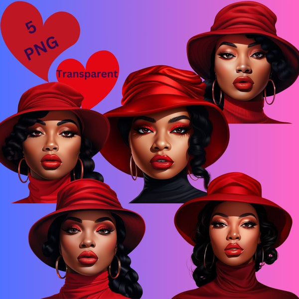 Empowering Black Woman Art: Red Hat Melanin Beauty Clipart Bundle 2, DIY Project, Instant Download for Her