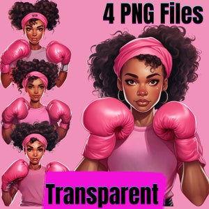 May include: Four digital illustrations of a woman with curly black hair wearing a pink headband and pink boxing gloves. The background is pink. The text "4 PNG Files" and "Transparent" are visible in the image.