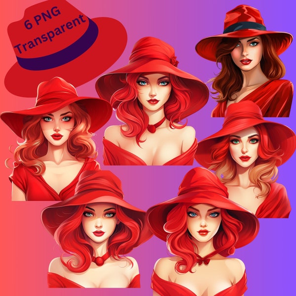 Red Hat Beauty Clipart Bundle - DIY Wall Art, gift idea for hat lovers, Instant Download - Gift for Her"