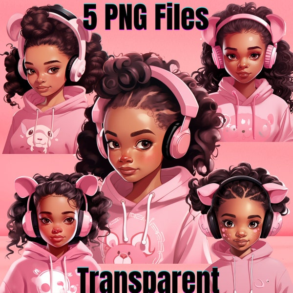 Little Melanin Beauty in Pink,  5 PNG Bundle, transparent, digital, clipart, black girl magic, gift for her, music, DIY