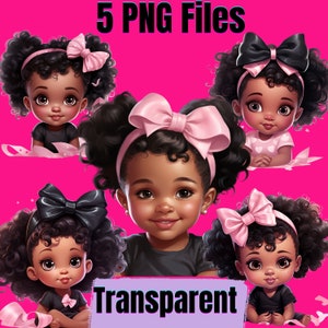 Clipart mélanine bébé fille : noeuds roses, magie noire de fille (fichier numérique PNG)