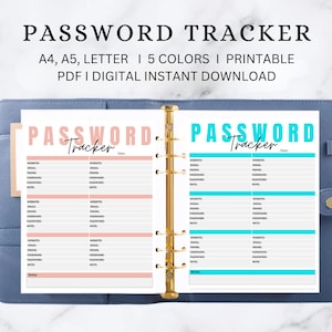 Puede incluir: Un rastreador de contraseñas imprimible con un esquema de color rosa y azul. El rastreador tiene secciones para el sitio web, el correo electrónico, el nombre de usuario, la contraseña y las notas. El texto "PASSWORD Tracker" está en la parte superior de la página.