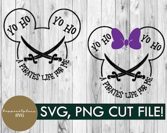 May include: A black and white SVG cut file design of a Mickey Mouse head with crossed swords and the text "Yo Ho A Pirates Life For Me".