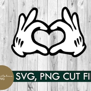 May include: Black and white illustration of two hands forming a heart shape. The hands are stylized to look like Mickey Mouse's gloves.