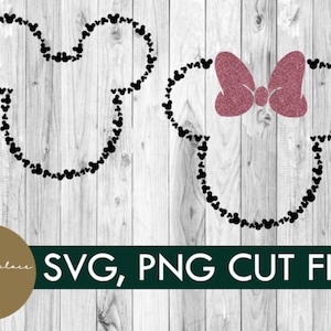 May include: Two black Mickey Mouse head outlines made of small Mickey Mouse heads, one with a pink glitter bow.  SVG, PNG CUT FILE! is written in green text below the outlines.