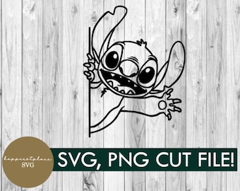 May include: Black and white line art illustration of Stitch from Lilo & Stitch peeking around a corner. Stitch is smiling with his tongue sticking out.
