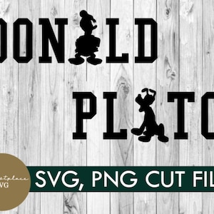 Könnte beinhalten: Schwarz-weiße Silhouette von Donald Duck und Pluto mit dem Text "DONALD PLUTO" in einer fetten Blockschrift. Der Text "SVG, PNG CUT FILE!" befindet sich unter den Silhouetten.