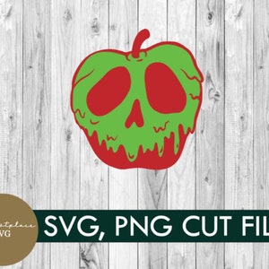 May include: A green apple with a red skull face and dripping green and red accents. The apple is on a white wood background.