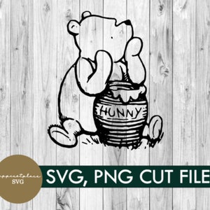 svg, png, classique winnie l'ourson avec pot de miel, téléchargement numérique, vacances, chemise, bricolage, cricut, famille, chemise de groupe, silhouette, fichier coupé