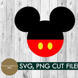 May include: Black and red Mickey Mouse head silhouette with yellow circles for eyes. SVG, PNG cut file.