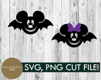 May include: Two black and white silhouette images of Mickey Mouse and Minnie Mouse with bat wings. Mickey Mouse has a simple smile and Minnie Mouse has a purple bow.