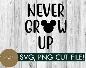 Może przedstawiać: Czarno-biały projekt pliku do cięcia SVG z tekstem "Never Grow Up" i sylwetką Myszki Miki.