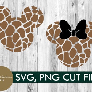 May include: Two brown and black Mickey Mouse ears with a giraffe print. The ears are on a white wood background. The text "SVG, PNG CUT FILE!" is at the bottom of the image.
