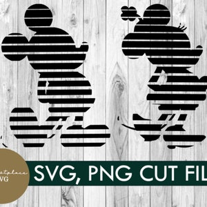 Op de afbeelding: Zwart-wit gestreepte silhouet van Mickey Mouse en Minnie Mouse. SVG-, PNG-snijbestand.